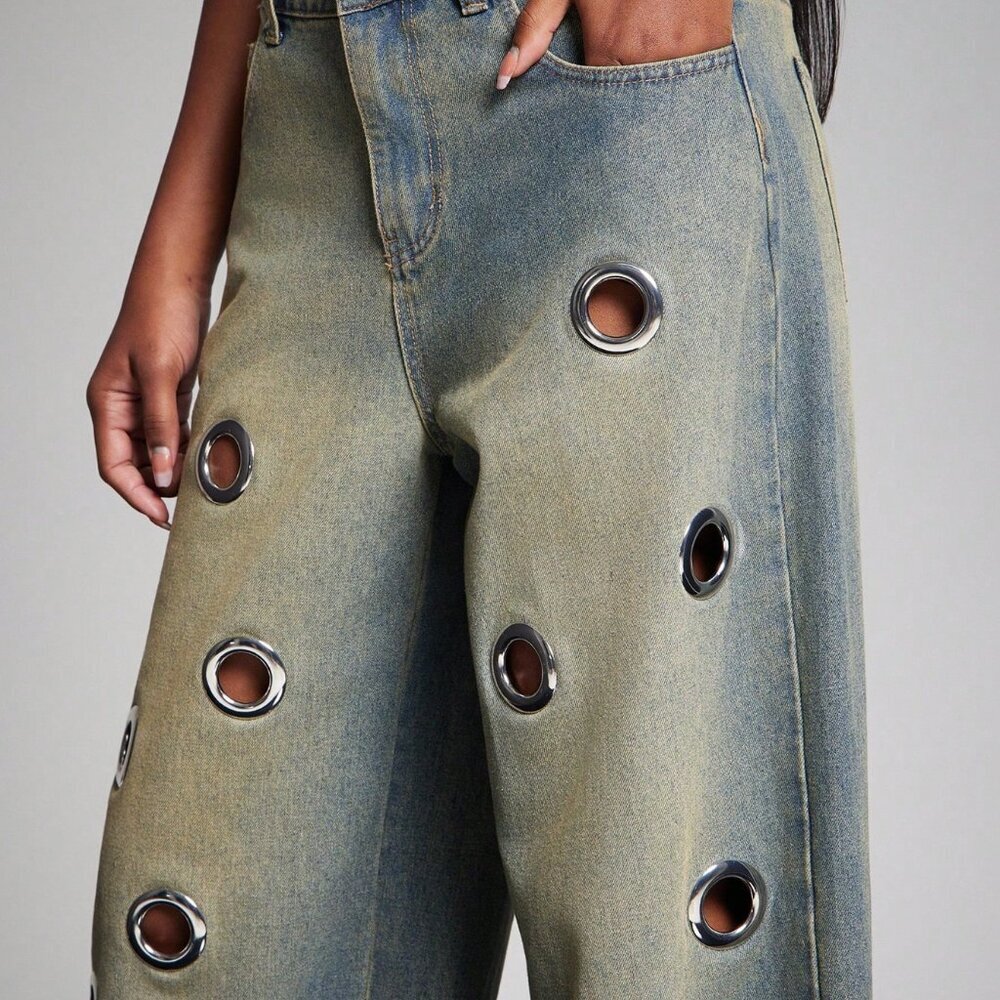 Medium Wash Punk Women's Wide Leg Baggy Jeans - Picture 5 of 7